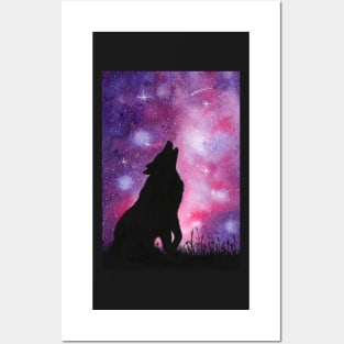 Howling Wolf Galaxy Night Sky Watercolor Posters and Art